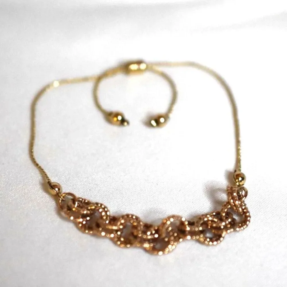 Stunning Trendy Gold Tone Beaded Linked Rings Adjustable Slide Party Bracelet